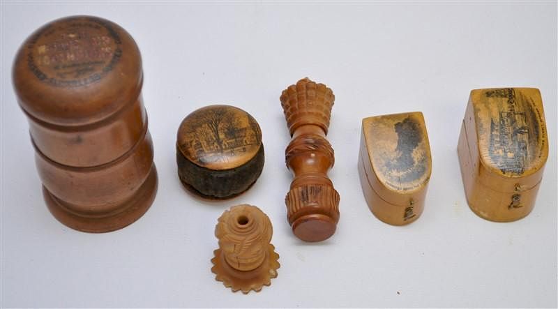 Appraisal: pc MAUCHLINE WARE VEGETABLE IVORY SEWING ITEMS Group of Antique