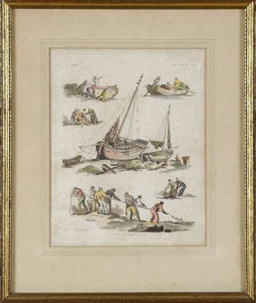 Appraisal: After W H Pyne Boats Hand-colored etching matted and framed