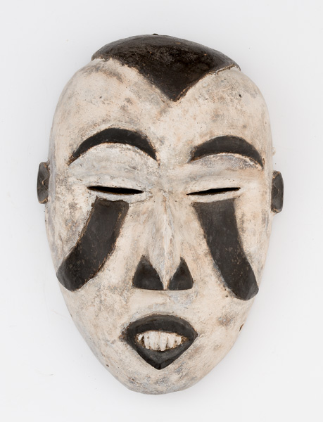 Appraisal: A smooth stylized white-faced mask with conical black hairdo reminiscent