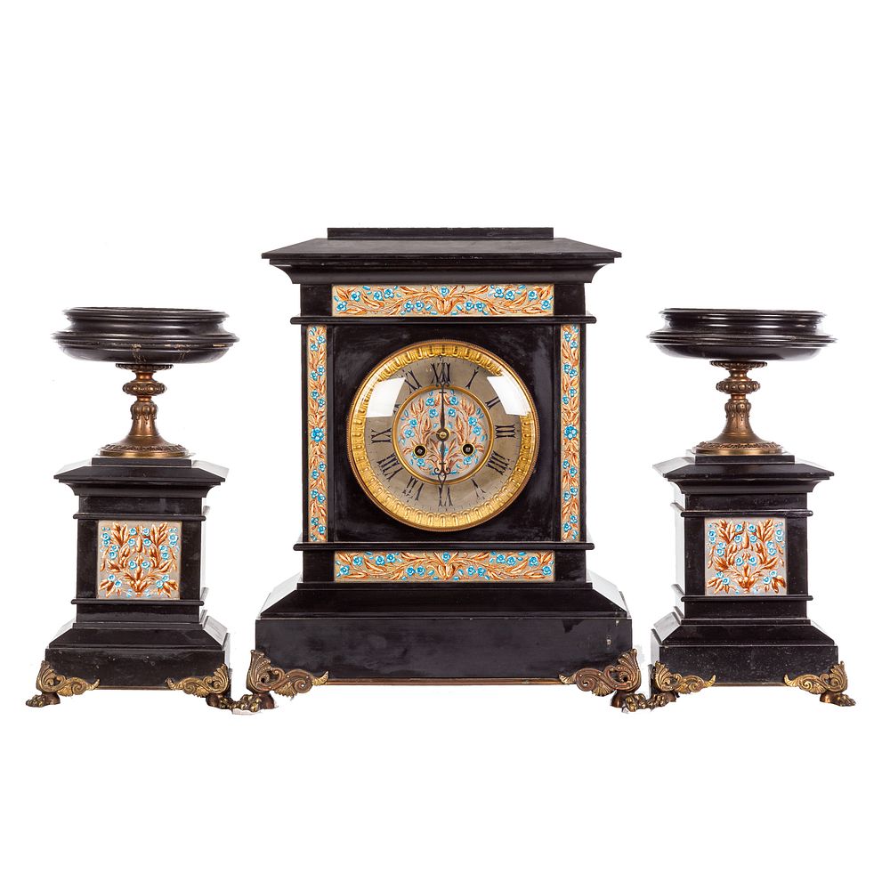 Appraisal: Aesthetic Movement Clock Garniture Circa Aesthetic Movement influenced Classical style