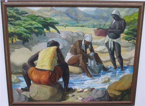 Appraisal: WATSON BARRINGTON jamaican b Oil on canvas Washing Ladies signed