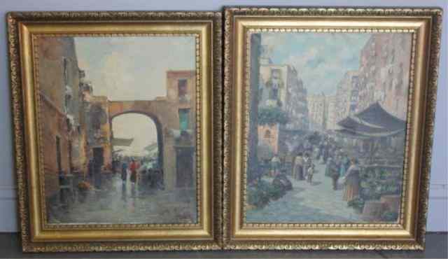 Appraisal: Two Oil on Canvas of European Market Scenes One signed