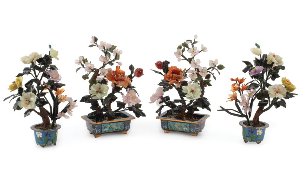 Appraisal: Two Pairs of Chinese Hardstone Trees in Cloisonne Bases smaller