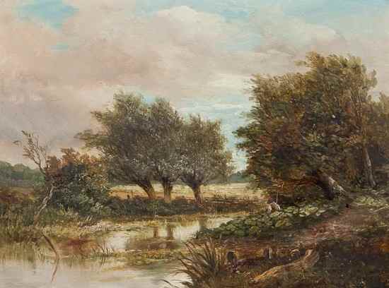 Appraisal: Manner of Joseph Thors Fishing in a stream Oil on