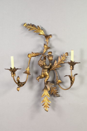 Appraisal: Large Italian Gilded Cut- and Wrought-Iron Two-Light Putto Applique second