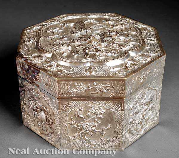 Appraisal: A Chinese Silver 'Heavenly Creatures' Octagonal Box th c faceted