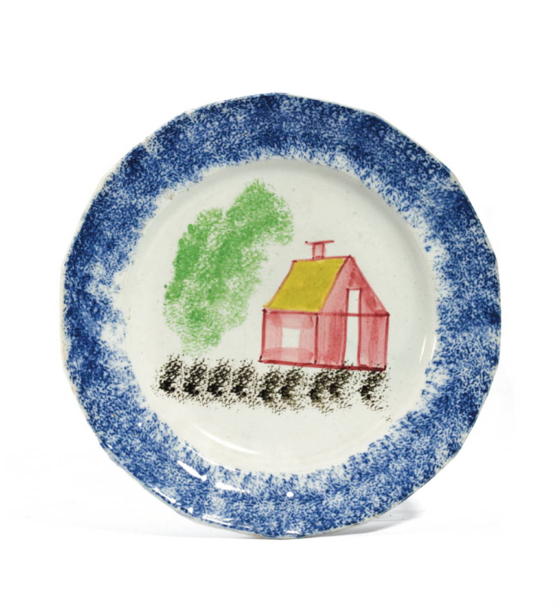 Appraisal: STAFFORDSHIRE BLUE SPATTERWARE quot SCHOOL HOUSE quot PATTERN PLATE The