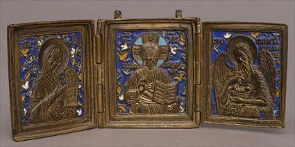 Appraisal: RUSSIAN ENAMELED GILT-METAL TRYPTYCH The exterior with oval view of