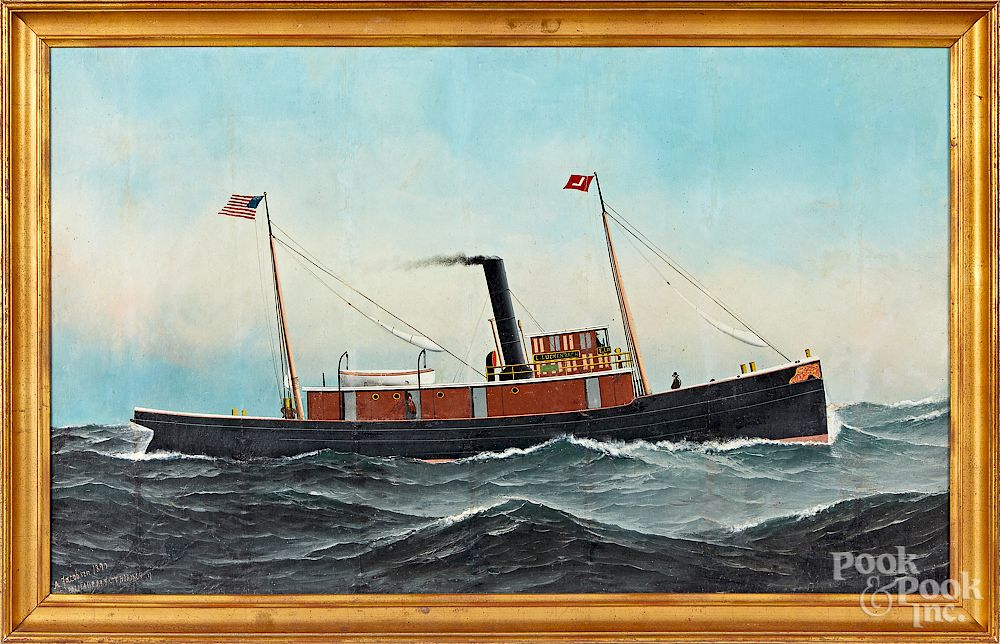 Appraisal: Antonio Jacobsen oil on canvas ship portrait Antonio Jacobsen American