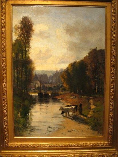 Appraisal: Barbizon School Cattle by a River with Town Beyond indistinctly