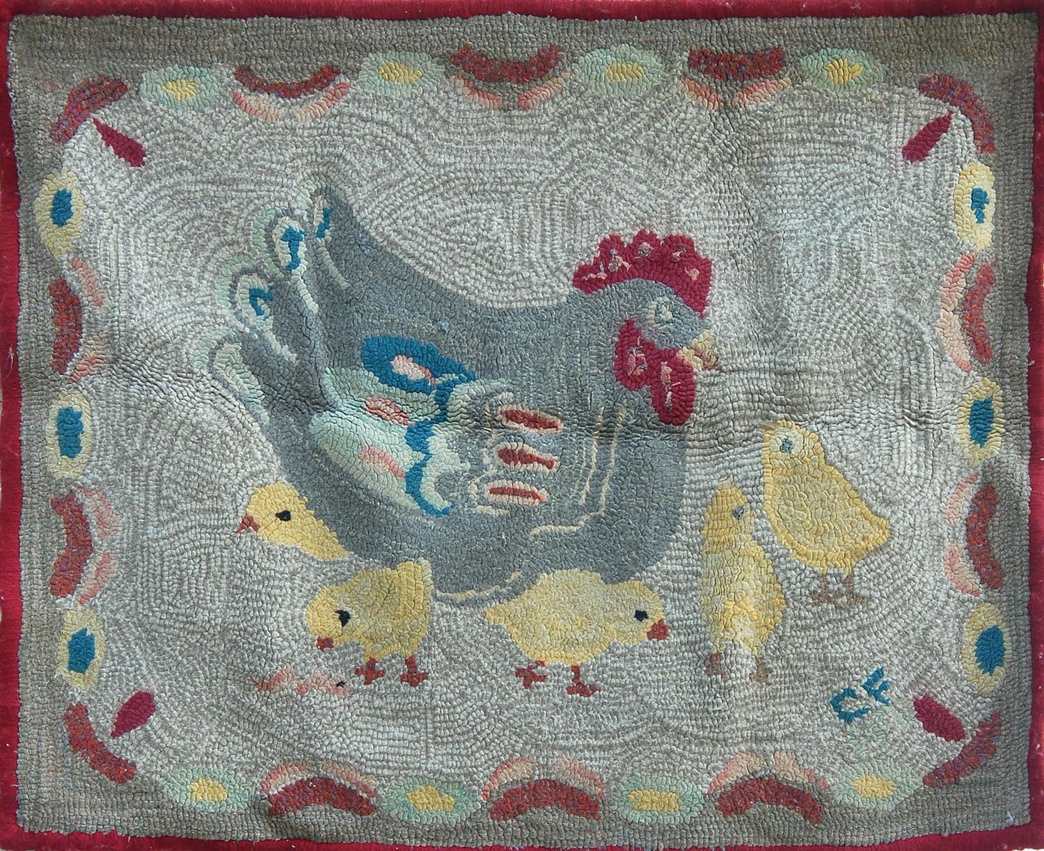 Appraisal: HOOKED RUG ' x ' Depicting a mother hen and