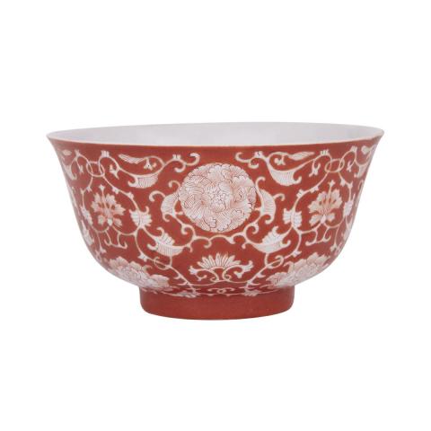 Appraisal: A CORAL-GROUND REVERSE-DECORATED 'LOTUS' BOWL DAOGUANG UNDERGLAZE-BLUE SIX-CHARACTER SEAL MARK