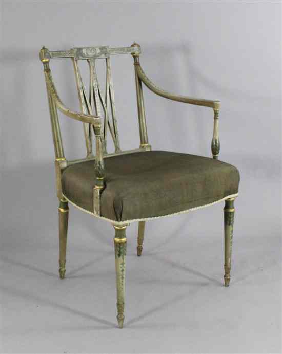 Appraisal: A George III Sheraton style painted beech chair with some