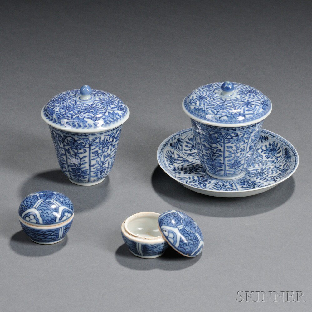 Appraisal: Four Blue and White Items China a pair of covered