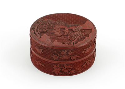 Appraisal: A Chinese red cinnabar lacquer circular box and cover carved