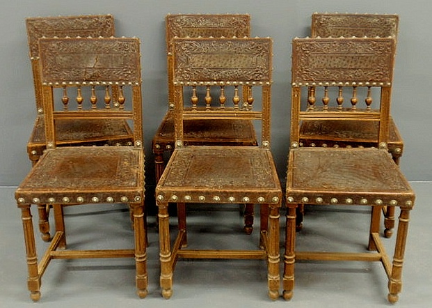 Appraisal: Rare set of six carved walnut side chairs c with