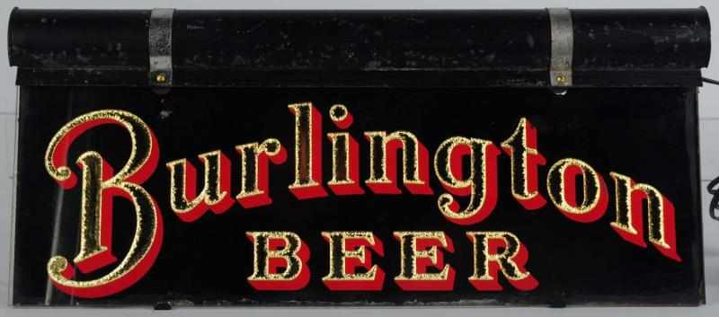 Appraisal: Burlington Beer Reverse-on-Glass Light-Up Sign Glass and foil lettering has