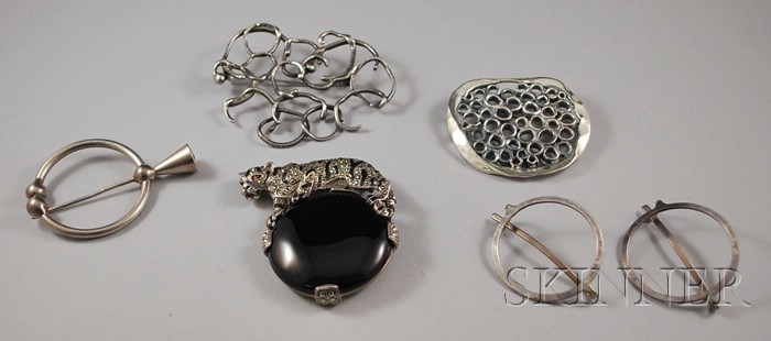 Appraisal: Six Silver Jewelry Items a sterling silver marcasite and gem-set