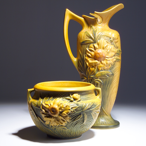 Appraisal: Two ROSEVILLE yellow Peony pieces to include a tall ewer