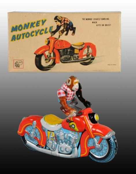 Appraisal: Tin Monkey Autocycle Friction Toy Description Japanese Working Made by