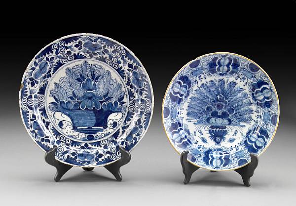 Appraisal: Two Dutch Delft blue and white peacock pattern plates th