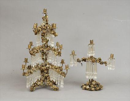 Appraisal: Rococo-Style Gold-Painted Metal Thirteen-Light Candelabrum Hung with Clear Plastic Lusters