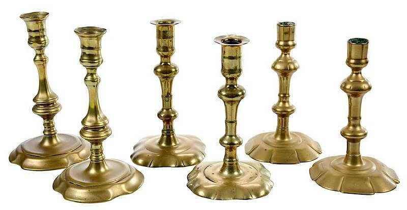 Appraisal: Three Pairs Georgian Scalloped Candlesticks British th century comprising Georgian