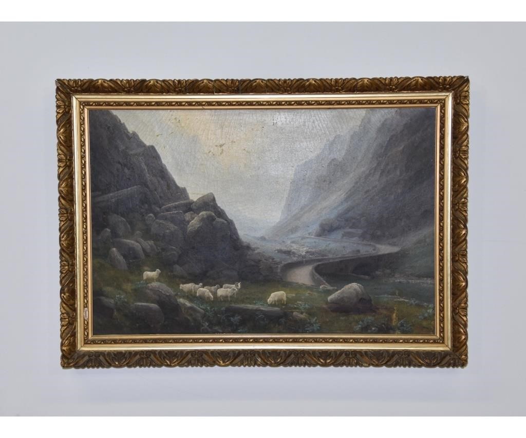 Appraisal: Thomas Finchett - oil on canvas landscape of sheep in