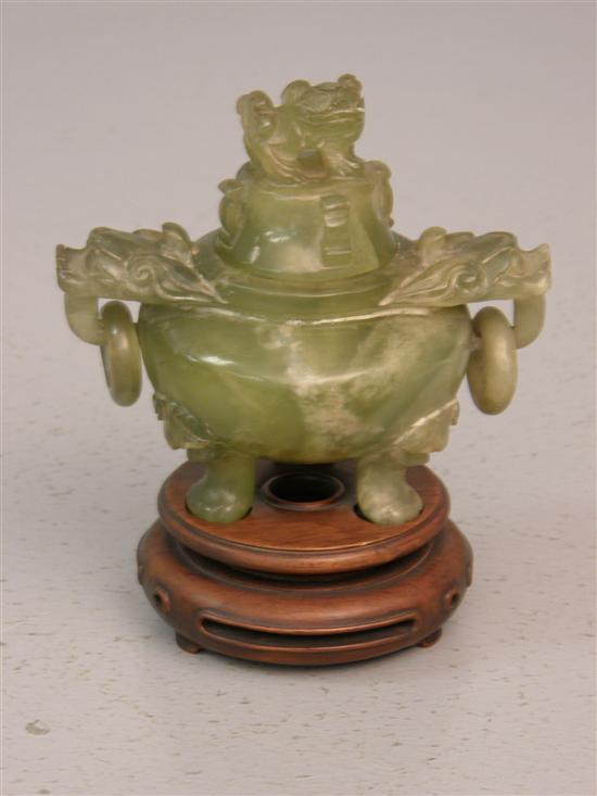 Appraisal: Chinese green jadeite tripod censer and cover with dog of