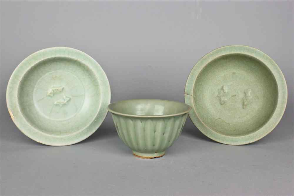 Appraisal: THREE LONGQUAN CELADON DISHES SONG DYNASTY a small dish with