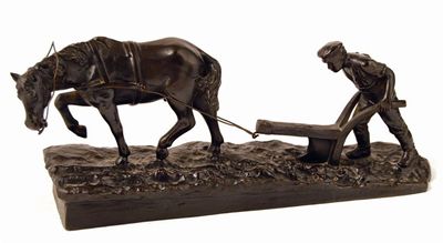 Appraisal: A bronzed group man pushing a horse drawn plough on