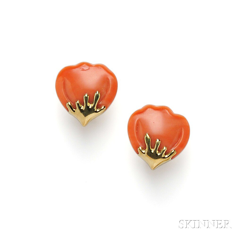 Appraisal: kt Gold and Coral Earclips Tiffany Co designed as flower