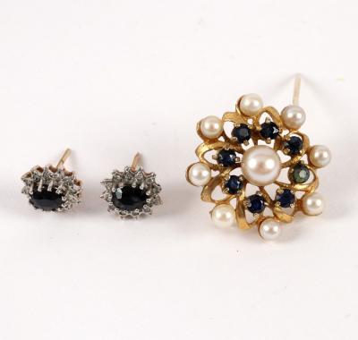 Appraisal: A sapphire and pearl cluster brooch set in ct gold