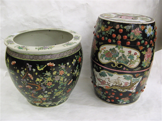 Appraisal: TWO CHINESE FAMILLE NOIRE PORCELAINS an H barrel-form garden stool