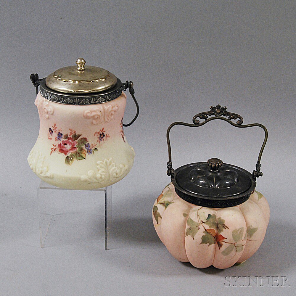 Appraisal: Two Victorian Floral-decorated Satin Glass Biscuit Jars late th century