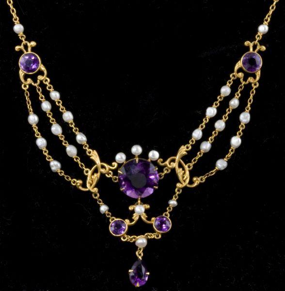 Appraisal: Antique Amethyst and Natural Pearl Necklace in a lavalier setting