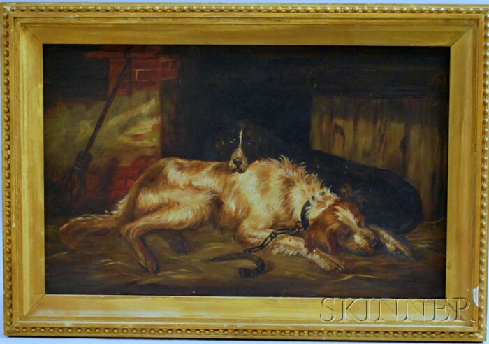 Appraisal: American School th Century Two Dogs Unsigned Oil on canvas