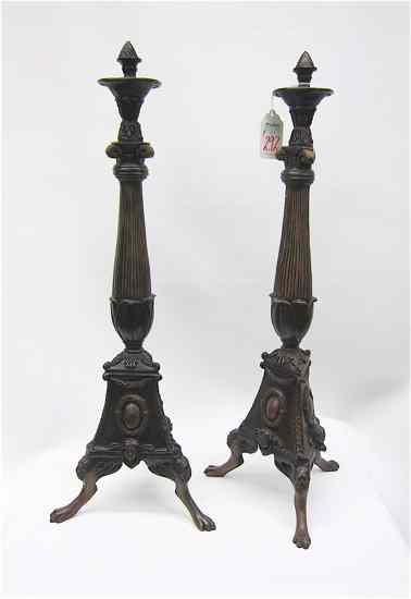 Appraisal: PAIR BRONZE CHENETS tri-footed having lion feet triangular base with