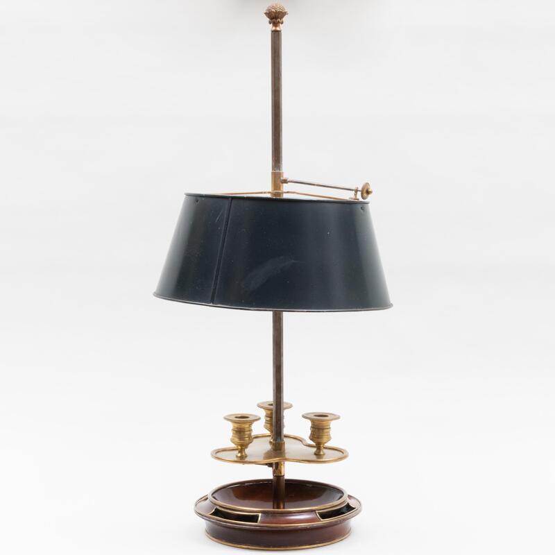 Appraisal: French Gilt-Bronze-Mounted Mahogany and T le Bouillotte Lamp x in