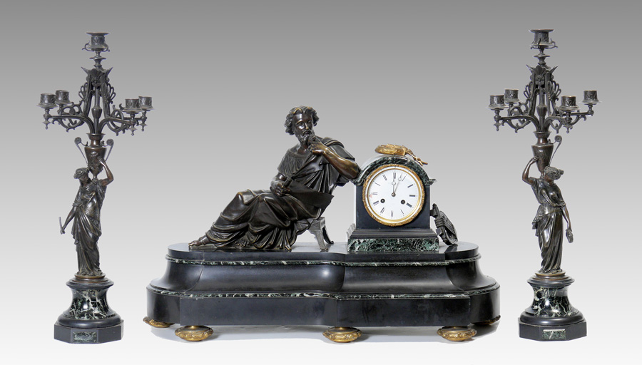 Appraisal: AFTER PRADIER FRENCH FIGURAL BRONZE CLOCK GARNITURE piece mantle clock