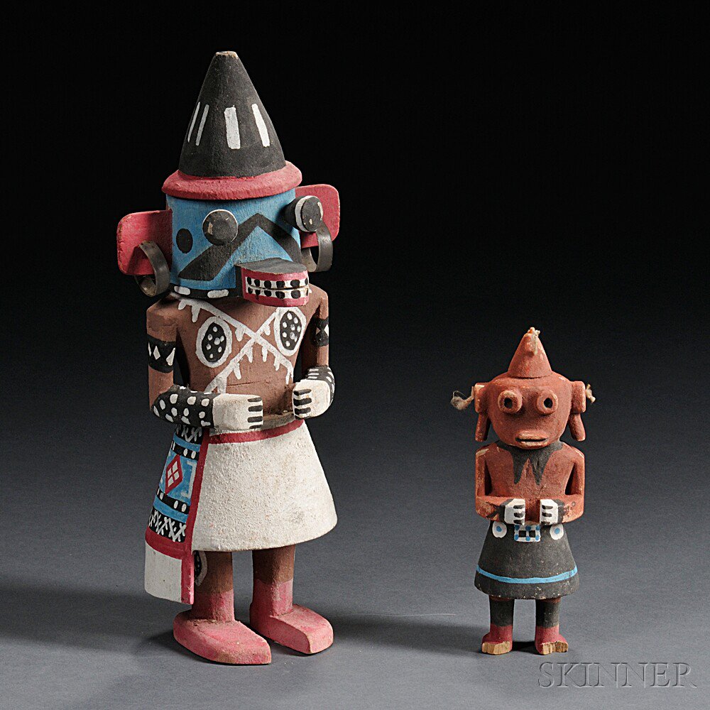 Appraisal: Two Polychrome Carved Wood Kachinas the larger with popeyes and