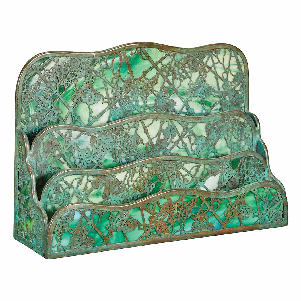 Appraisal: Tiffany Studios Green Patinated-Bronze and Favrile Glass Paper Rack First