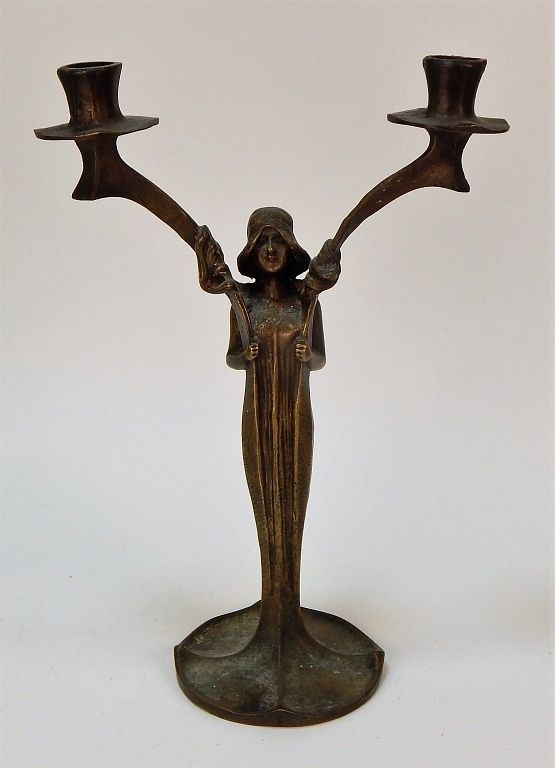 Appraisal: European Bronze Art Nouveau Candlestick Europe Dated Figural double candlestick