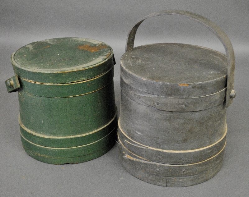 Appraisal: - Two paint decorated th c firkins largest h x