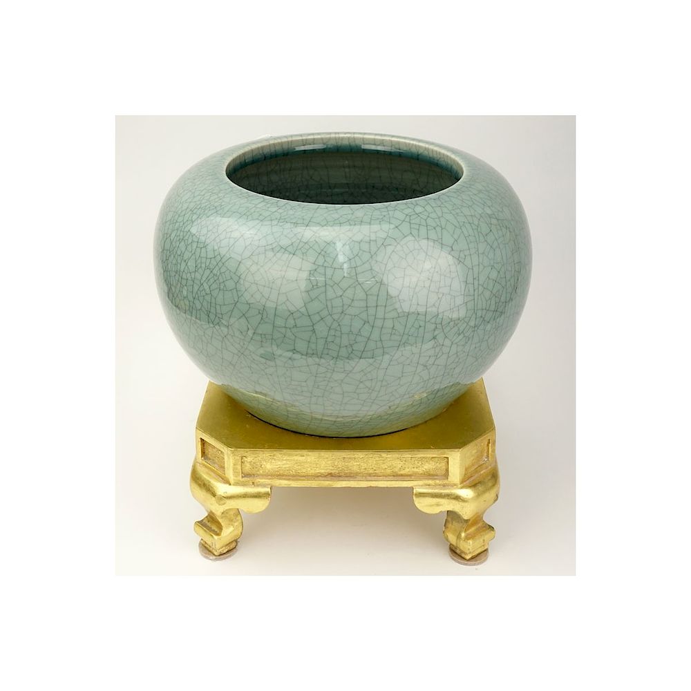 Appraisal: Modern Oriental Style Celadon Porcelain Jardini re on Gilt Stand