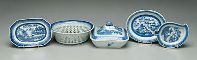 Appraisal: Five pieces Chinese Canton coastal village scenes oval reticulated server