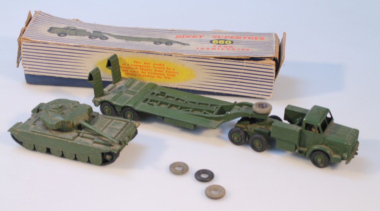 Appraisal: A Dinky Supertoys tank transporter with tank cm wide part