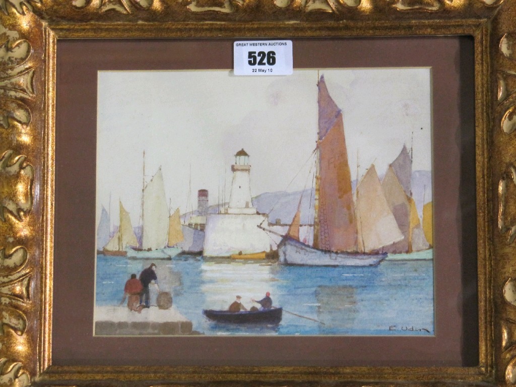 Appraisal: E UDEN Watercolour 'Normandy Harbour' signed