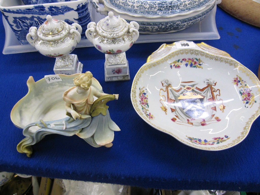 Appraisal: Reproduction armorial dish pair of urns and covers and figural