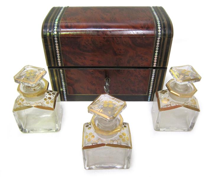 Appraisal: THREE SCENT BOTTLES WITH FITTED MOTHER OF PEARL AND BRASS